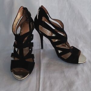 GUESS Black Suede Strappy 4" Heels with Back Zip size 8